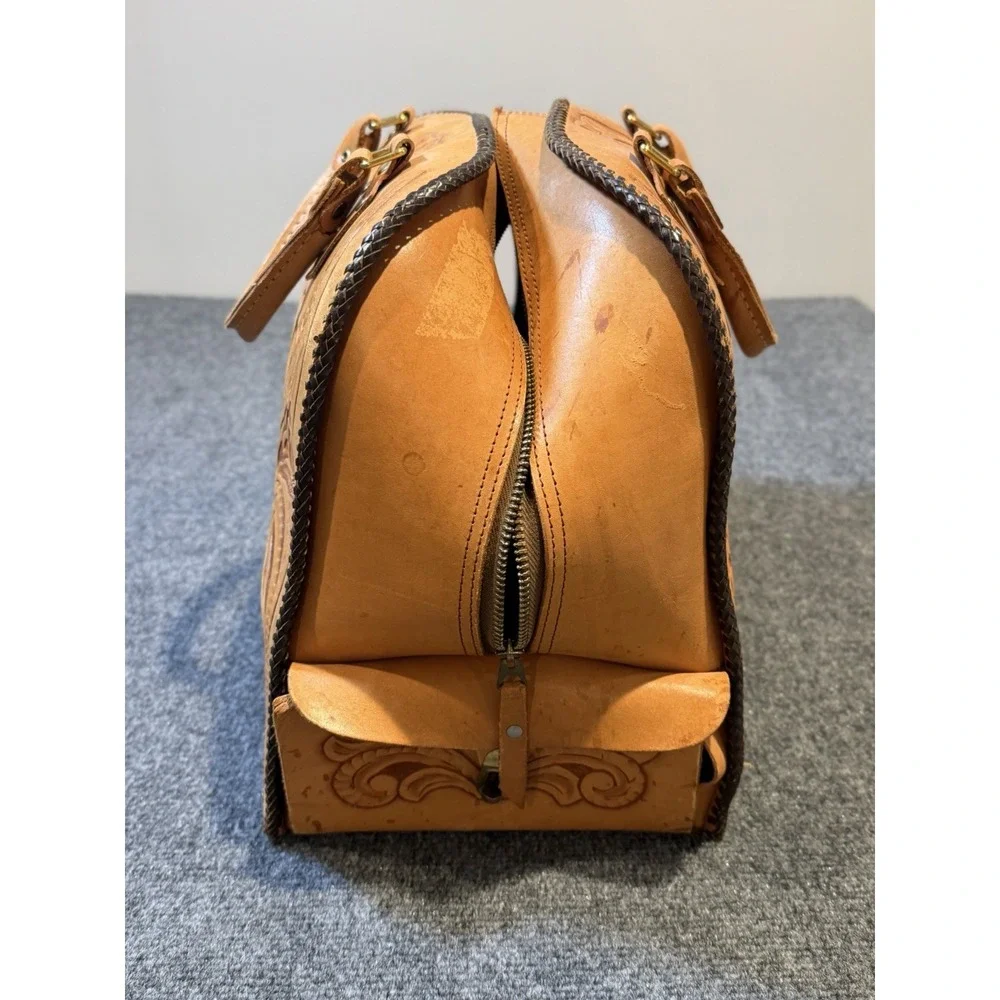 Vintage Hand Tooled Leather Bowling Bag with Metal Ball Holder Murray Engraved